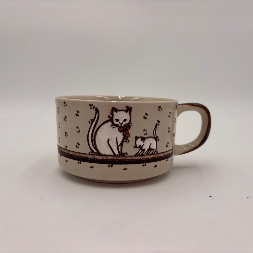 Vintage Otagiri Cat and Kitten Coffee Tea Soup Mug Floral Brown Cup Japan